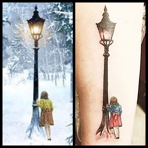 Narnia Lamp Post Tattoo, Street Light Tattoo, Lamppost Tattoo, Chronicles Of Narnia Tattoo, Narnia Tattoo Ideas, Narnia Tattoo, Narnia Christmas, Narnia Lamp Post, Tattoo Fillers