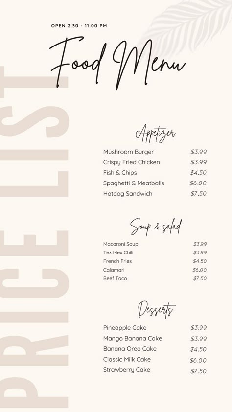 Beige Food Menu Instagram Story Canva Template Beige Food, Hotdog Sandwich, Menu Design Layout, Macaroni Soup, Menu Pdf, Price List Design, Mushroom Burger, Food Menu Template, Appetizer Menu