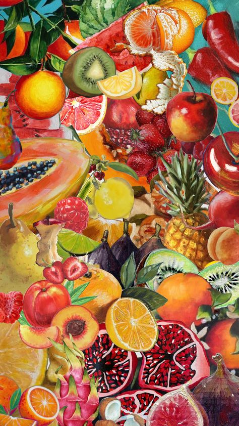 #fruit #fruitaesthetic #fruitsalad #fruitsalad #summer #food #foodshuffle #colorful Fruit Collage, Maximalist Wallpaper, Wall Collage Decor, Artsy Background, Collage Art Projects, Fruit Wallpaper, Cool Wallpapers Cartoon, Phone Wallpaper Patterns, Collage Making