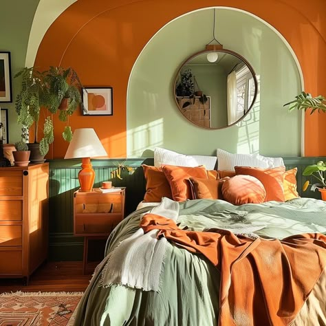 green_and_terracotta_bedroom 3 Orange Rustic Bedroom, Orange Wall Bedroom Decor, Terracotta With Green, Dark Orange Bedroom Ideas, Sage Orange Bedroom, Bedroom Ideas Orange And Green, 70s Bedroom Inspiration, Bedroom Decor Green Bedding, Bedroom Orange Green