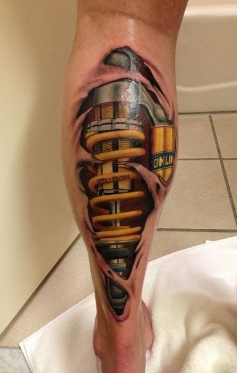 Greatest Tattoo Ever Coilover Tattoo, Shock Tattoo, Motocross Tattoo, Tattoo Bike, Biomech Tattoo, Tato 3d, Tatoo 3d, Mechanic Tattoo, Motorcycle Tattoos