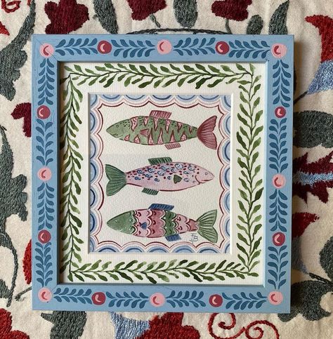 Felicity Buchanan Designs on Instagram: ““Seaweed and Sardines” 🐟 An original watercolour painting with hand painted mount and wooden frame. 🌿23cm x 21.5cm.❤️ SOLD .…” Painted Picture Frames, Hand Painted Frames, 수채화 그림, Mirror Painting, Arte Inspo, Hand Painted Furniture, Wooden Art, May 27, Wooden Diy