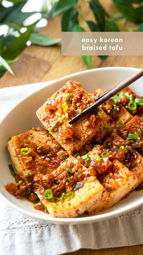 Korean Braised Tofu (Dubu Jorim) Braised Tofu, Asian Vegetables, Chinese Cooking Recipes, Family Eating, Fried Tofu, Steamed Rice, Food Recepie, Classic Series, Food Videos Cooking