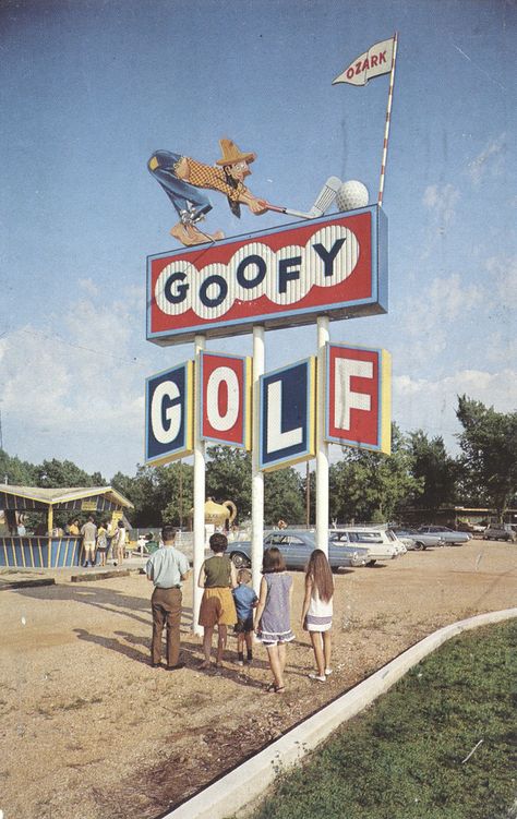 The Goofiest Miniature Golf Course of all. 36 Holes of fun. Hwy. 54, Across from Ozark Opry OSAGE BEACH, MISSOURI 65065 Mailed from Lake Ozark, Missouri to Mr. & Mrs. I.W. Basshart of Chicago, Illinois on June 29, 1970: Sunday Hi, Have a minute here while our foursome is enjoying miniature golf. Sunshine warm, temperature and good fun abound. We are all making use of the gorgeous pool. Don got his boat yet again, Don especially doesn't mind that a bit. Have our tickets for the Ozarks Opry ... Osage Beach Missouri, Goofy Golf, Retro Signage, Neon Vintage, Osage Beach, Retro Signs, Cool Signs, Vintage Signage, Miniature Golf Course