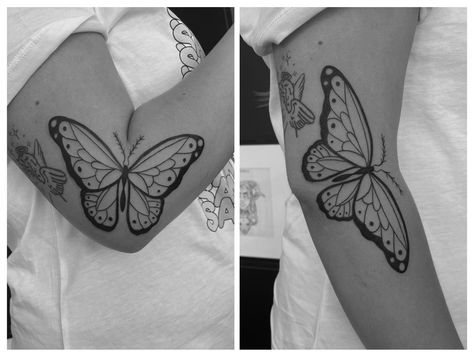 Butterfly Crease Elbow Tattoo, Elbow Crease Tattoo Inner Butterfly, Butterfly Bending Elbow Tattoo, Inner Elbow Butterfly Tattoo, Folding Butterfly Tattoo, Butterfly Tattoo Elbow Bend, Butterfly Tattoo In Bend Of Arm, Butterfly On Elbow Tattoo, Butterfly Tattoo On Elbow Crease