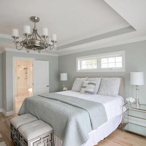 Misty Sherwin Williams, Sw Misty, Blue And Silver Bedroom Ideas, Sherwin Williams Misty, Blue And Silver Bedroom, Gray Accent Wall Bedroom, Silver Bedroom Ideas, Grey Bedroom Paint, Light Blue Bedroom