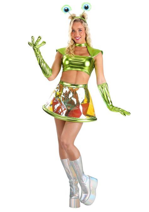 PRICES MAY VARY. Eye-Catching Design: This Alluring Alien costume for women is crafted from a stunning green metallic lame fabric that is perfect for a standout Halloween look. The iridescent vinyl skirt adds a futuristic touch to this fun and playful outfit, making you the star of any costume party. Complete Set: The costume includes everything you need to become a cosmic visitor! It comes with a metallic lame top, underpants, a shimmering iridescent skirt, alien-inspired gloves, and a headband Alien Halloween Costumes, Alien Costumes, Forrest Gump Costume, Purple Bob, Metal Glove, Alien Clothes, Alien Halloween, Strange Planet, Alien Costume