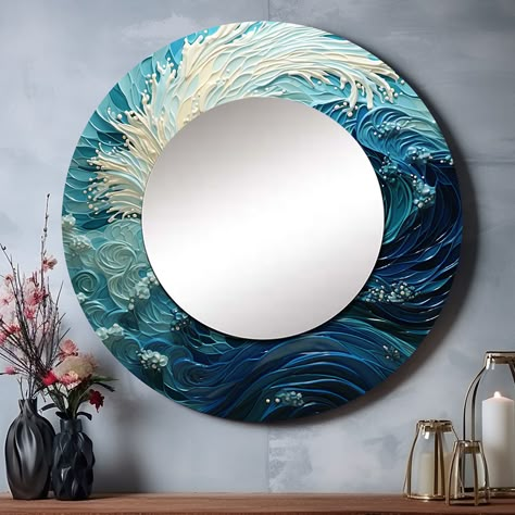 DesignArt proudly brings you our exclusive collection of mirror on metal with printed designs. Metal wall decors, a staple decor item in every home have now become more than just a mirror- they have become piece of art. Resin Art On Mirror, Mirror Design Ideas, Blue Mirror, Funky Mirror Ideas, Resin Mirror, Mirror With Resin Art, Teal Mirror, Ocean Bathroom Mirror, Diy Round Mirror