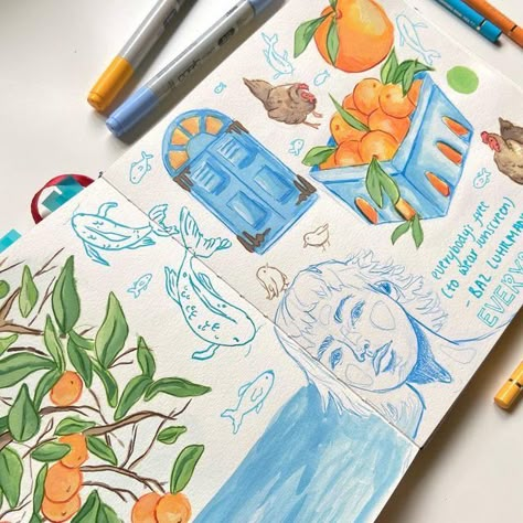 Blue And Orange Drawing Ideas, One Color Sketchbook Page, Full Page Sketchbook Ideas, Fun Colored Pencil Drawings, Decorated Sketchbook Pages, Orange Sketchbook Page, Summer Sketchbook Ideas, Cute Gouache Illustration, Blue Sketchbook Page