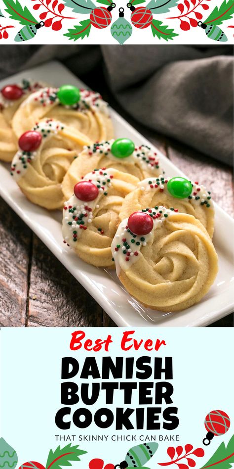 Danish Butter Cookies - Sweet, buttery swirled cookies that can be decked out for any holiday by dipping in chocolate and adding festive sprinkles. A copycat of the iconic Royal Dansk cookies that come in the blue tin!! Traditional Shortbread Recipe, Copycat Cookies, Danish Butter Cookies, Shortbread Recipe, Best Christmas Recipes, Shortbread Cookie Recipe, Spritz Cookies, Christmas Foods, Butter Cookies Recipe