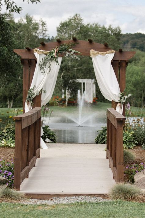 Pond Wedding Decor, Wedding Venue With Pond, Wedding In Front Of Pond, Pond Wedding Ideas, Pond Wedding Ceremony, Walkway Decor, Pavillion Wedding, Gazebo Wedding Decorations, Artistic Architecture