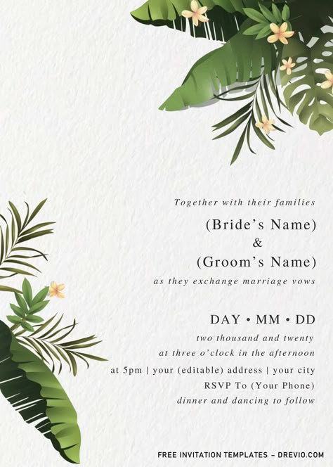 Awesome Modern Tropical Wedding Invitation Templates - Editable With MS Word There is no such thing that looks as beautiful and exotic as Greenery Leaves. Green is Pantone’s color of the year. It is a symbol of nature and new beginnings. Yet often, green does not get the atten... Tropical Wedding Invite, Tropical Invite, Nature Invitation, Engagement Poster, Engagement Planning, Modern Tropical Wedding, Engagement Invites, Hawaiian Invitations, Modern Invitation Design