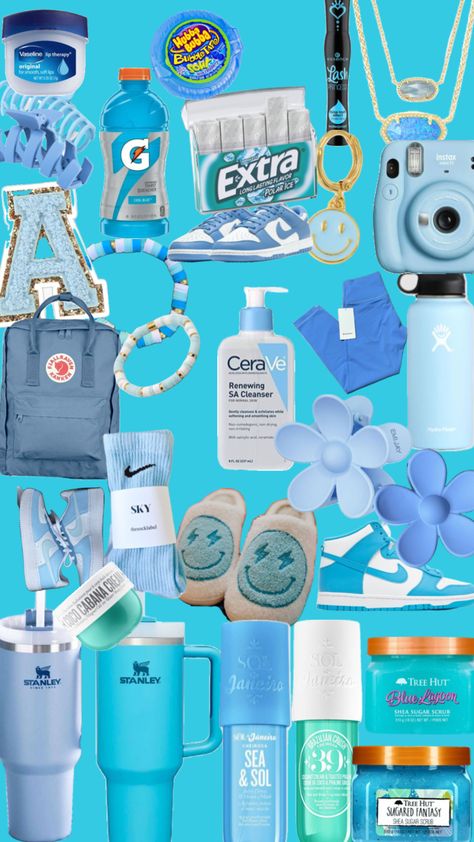 Blue preppy need’s #blue# Blue Basket Gift Ideas, Blue Themed Birthday Gift, Blue Burr Basket, Light Blue Gift Basket Ideas, Blue Themed Birthday Gift Baskets, Blue Items For Gift Basket, Blue Birthday Basket, Blue Themed Basket, Cute Gift Baskets For Best Friend Blue