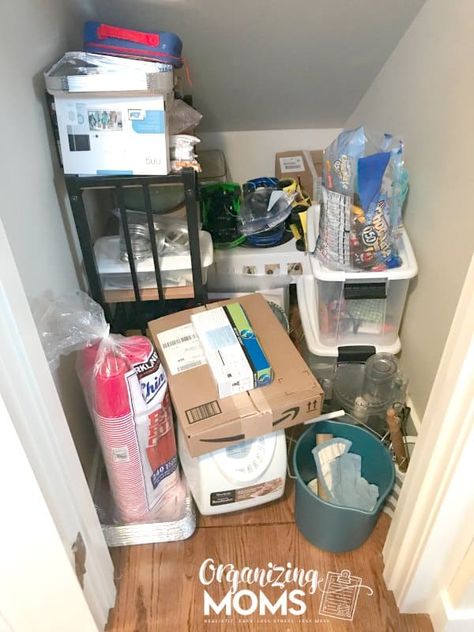 This under the stairs closet became a catch all for clutter. Catch All Closet Organization, Under The Stairs Closet Organization, Organize Small Closet, Small Deep Closet, Under Steps Storage, Under The Stairs Closet, Under Stair Storage Ideas, Stair Storage Ideas, Under Basement Stairs