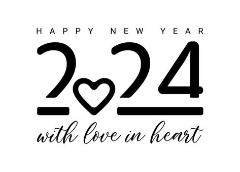 Vector design template for the number 2024 with love in heart. The illustration includes a logo in the form of a black label, which can be used for diaries, notebooks, calendars, and web pages. 2024 Number, A Logo, Black Label, Dark Aesthetic, Vector Design, Being Used, Design Template, A Black, Happy New Year