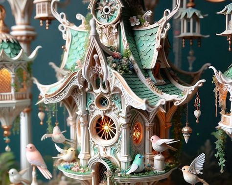 Where Whimsy Nests: The Mint Marvel of Elven-Victorian Birdhouses Victorian Birdhouses, The Miniaturist, Mosaic Birds, Organic Architecture, Hanging Garden, Wood Resin, Organic Form, Fantasy Illustration, Birdhouse