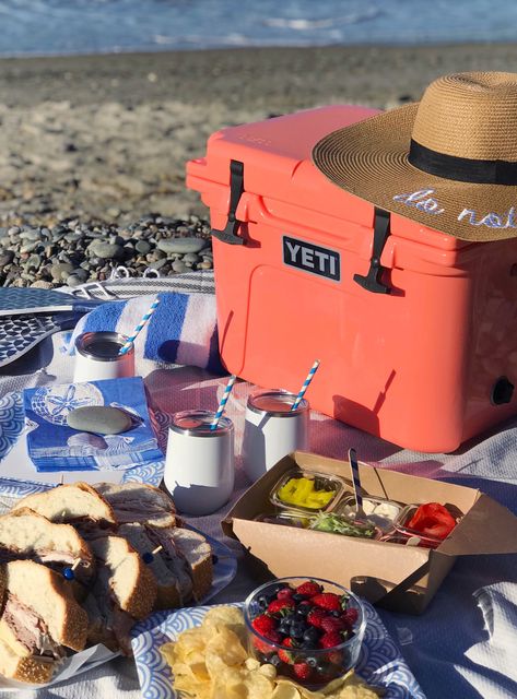 A Beach Picnic Giveaway | Beach Picnic Styling and Coral Yeti Cooler | DomestikatedLife Cooler Product Photography, Beach Cooler Food, Yeti Cooler Aesthetic, Food At The Beach, Picnic Styling, What To Take Camping, Beach Cooler, Yoga Party, Yeti Cooler