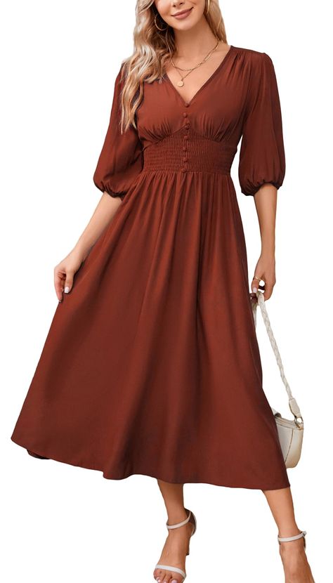 PRICES MAY VARY. Unique Features: Woman V Neck Button Midi Dress / 3/4 Sleeve / Smocked High Waisted / A-Line / Flowy Swing Hem / Elegant Cute Trendy Vintage Style / Spring Dress For Women / fall Long Dress / Wedding Guest Dresses For Women smocked dress women, moderate midi length, flowy dresses for women, boho dress for women, casual dresses for women summer, a-line dress Homecoming Dress/ Womens Cocktail Dress/ Party Dress For Women/ Prom Dress/ Fall Dress For Women You can match with necklac Casual Dresses For Women Summer, Long Dress Wedding Guest, Long Dress Wedding, Wedding Guest Dresses For Women, Button Midi Dress, Long Fall Dresses, Women Casual Dresses, Party Dress For Women, Boho Midi Dress