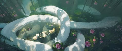 White Serpent Art, White Snake Drawing, Snake Concept Art, White Serpent, Giant Creatures, Snake Man, Giant Snake, 동화 삽화, Paintings And Drawings