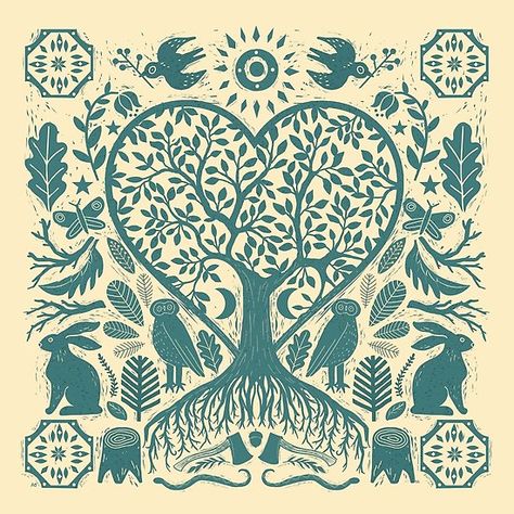 Rustic Early American Tree Of Life Woodcut - Rustic #american #linocut #woodcut #Tree of life #tree #rabbit #bunny #owl #maple #oak #heart #love #bird #forest #woods #snake #axe #primitive #butterfly Woodcut Art, Woodcuts Prints, Scandinavian Folk Art, Art Tree, Tree Illustration, Early American, Society6 Art, Album Art, Linocut