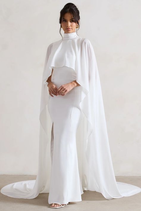 Saint Cream Fishtail Split Maxi Dress With Chiffon Cape – Club L London - USA Six Pieces Gown, Dresses With Capes, White Angel Dress, Caped Dress, Saint Dress, Heavenly Dress, Brides Mom Dress, Custom Bridal Dress, Cape Dresses