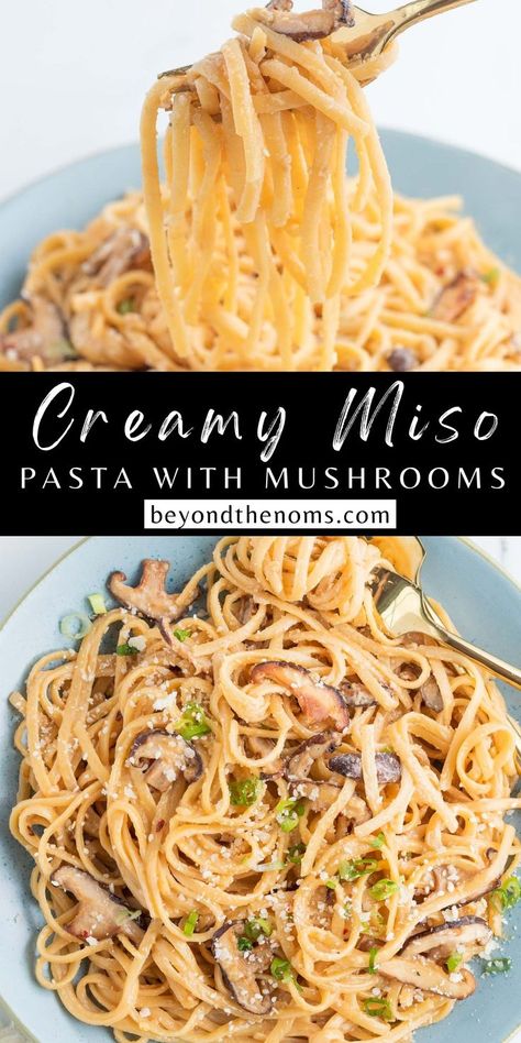 miso pasta on a fork and miso pasta on a plate Miso Paste Recipes, Miso Pasta, Miso Recipe, Pasta Noodle Recipe, Butter Pasta, Shiitake Mushrooms, Pasta Dinner Recipes, Vegetarian Meal, Allergy Free Recipes