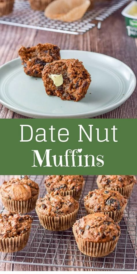 These date nut muffins are so moist and tasty! I love how much fiber is in them and they are so satisfying! Oh, and there isn't any added sugar! Grab one now! #datenutmuffins #muffins #breakfast #dishesdelish Date And Nut Muffins, Healthy Date Muffins, Dates Muffins Recipes, Date Nut Muffins Recipe, Date Muffins Recipes Healthy, Date Muffins Healthy, Date Muffins Recipes, Dates Muffins, Date Nut Muffins