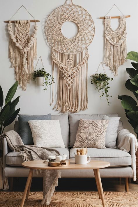 Elevate your home decor with woven and macramé wall hangings. These intricate designs add warmth, charm, and boho elegance to any room. Style them your way and enjoy handmade beauty. #MacrameWallHanging #WovenDecor #BohoVibes #CozySpaces #BohoWallArt #HandmadeCharm #InteriorInspo #MacrameLove #HomeDecorTrends #BohoChicStyle Woven Decor, Macrame Hanging, Boho Aesthetic, Handmade Beauty Products, Room Style, Elevate Your Home, Handmade Charms, Tapestry Weaving, Home Decor Trends