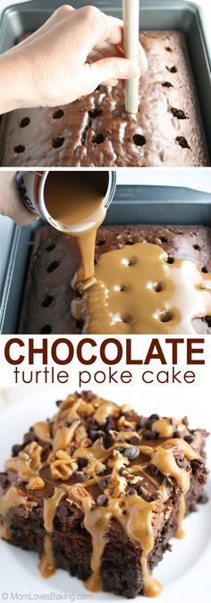 If you're a fan of chocolate turtles, you'll love this cake. It's ooey, gooey good & easy to make using Eagle Brand Sweetened Condensed Milk limited edition flavors - caramel & chocolate! #SweetenYourSeason, #IC #ad Chocolate Turtle Poke Cake, Turtle Poke Cake, Cookie Brownies, Chocolate Turtle, Chocolate Turtles, Poke Cake Recipes, Brownie Desserts, Poke Cakes, Eagle Brand