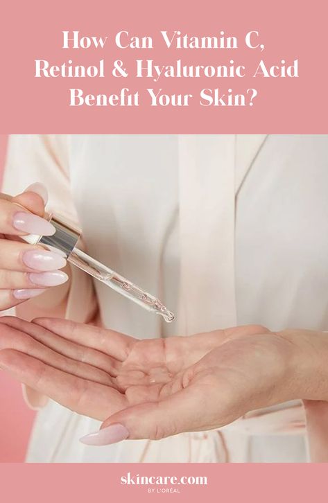 person dispensing a serum into their hand with the title "How to Combine Vitamin C, Retinol and Hyaluronic Acid in Your Skincare Routine" on a pink background Retinol Combination, Hyaluronic Acid Benefits, Vitamin C Retinol, Skinceuticals Retinol, Hydrating Face Cream, Garnier Skin Active, Micellar Cleansing Water, Morning Skin Care Routine, Vitamins For Skin