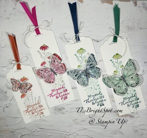 Stampin’ Up! Bookmarks for Class – Terry Lynn Bright, Stampin' Up! Demonstrator Stampin Up Bookmarks, Bookmark Card, Altenew Cards, Diy Bookmarks, Up Book, Flower Center, Coloring Markers, Basic Grey, Butterfly Cards