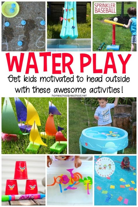 What can you do to entertain your kiddos on a hot spring or summer afternoon? Try one or more of these ideas for an afternoon of outdoor water play for kids. #homeschoolprek #waterplay #summer #spring #preschool #outdoorplay #outdoorwaterplayforkids   https://homeschoolpreschool.net/outdoor-water-play-for-kids/ Outdoor Water Activities For Kids, Older Kids Crafts, Water Activities For Kids, Water Play Ideas, Fun Water Games, Outdoor Water Play, Kids Backyard Ideas, Water Play Preschool, Water Play Activities