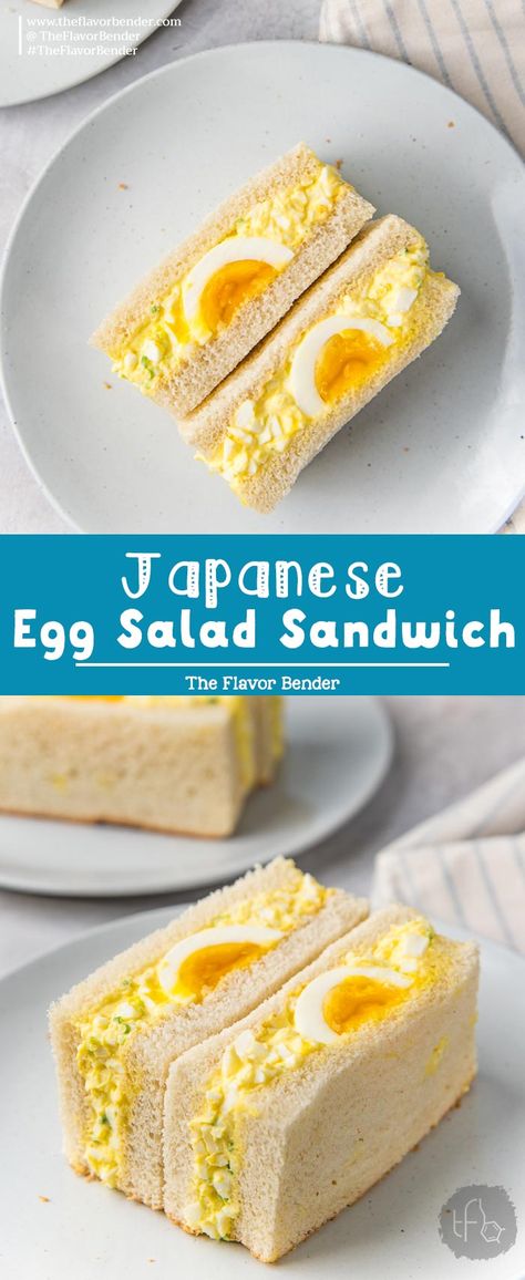 Japanese Egg Salad Sandwich - Soft sandwich bread filled with a creamy egg salad filling, with a jammy soft boiled egg. Simple to make, and delicious! #Breakfast #EggSaladSandwich #TheFlavorBender #JapaneseEggSandwich Japanese Egg Salad Recipe, Japanese Egg Sandwich Recipe, Japanese Egg Salad Sandwich, Japanese Egg Salad, Salad Filling, Soft Sandwich Bread, Salad Japanese, Creamy Egg Salad, Japanese Sandwich