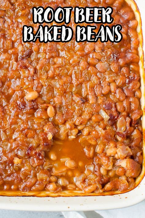 Root Beer Baked Beans – the best barbecue side dish! Beans with bacon, root beer, and barbecue sauce are baked until the sauce is thick and delicious. Root Beer Baked Beans, Root Beer Bbq Sauce, Fake Ginger, Baked Beans With Bacon, Beans With Bacon, Bbq Beans, Barbecue Side Dishes, Sunday Dinners, Pork N Beans