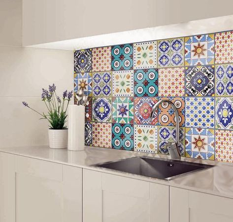 Colourful Cottage, Tiled Splashback, Tiles Moroccan, Kitchen Splashback Tiles, White Fridges, Spanish Kitchen, Bathroom Decals, Splashback Tiles, Kitchen Splashback