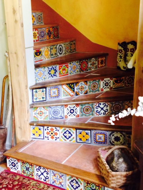 Mosaic Tiles Stairs, Mexican Tile Aesthetic, Stairs With Tile, Mosaic Stairs, Content House, California Craftsman, Future Bedroom Ideas, Eclectic Tile, Tiled Hallway