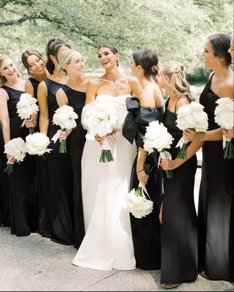 Black Bridesmaid Dress Mismatched, Black Satin Bridesmaid Dress, Black Tie Bridesmaids, Black And White Wedding Theme, White Wedding Theme, White Bridesmaid, Black Bridesmaids, Bridesmaid Gowns, Bridesmaid Dress Styles