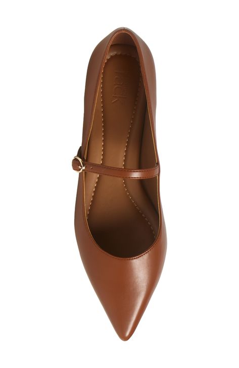 A pointed toe punctuates a minimalist mary-jane flat constructed with a lightly cushioned footbed and barely-there block heel. Adjustable strap with buckle closure Synthetic upper and lining/rubber sole Imported Women’s Flats, Women’s Work Shoes, Cognac Flats, Brown Flat Shoes, Brown Womens Shoes, Cute Shoes For Women, Champagne Taste, Suede Flats, Mary Jane Flats