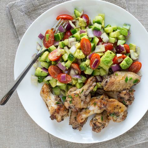 Mealime - Salt & Pepper Chicken Wings with Cucumber, Tomato & Avocado Salad Salt Pepper Chicken, Tomato Avocado Salad, Pepper Chicken Wings, Cucumber Tomato Avocado Salad, Salt And Pepper Chicken, Tomato Avocado, Avocado Tomato Salad, Pepper Chicken, Avocado Tomato