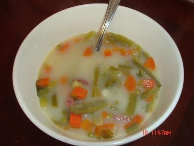 My Green Bean Soup - Mennonite Style   ﻿    1-2 pounds smoked ham - with bone is fine  ( smoked farmer sausage can be substituted for ... Green Bean Soup, Farmer Sausage, Bean And Sausage Soup, Green Beans Soup, Mennonite Recipes, Cooking Green Beans, Summer Soup, Ham Soup, Ham And Bean Soup