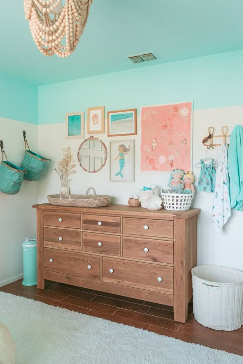 Teal Girl Room, Turquoise Nursery Girl, Beachy Kids Room, Colorblock Room, Tropical Nursery Theme, Beach Nursery Girl, Ocean Blue Bedroom, Tropical Nursery Girl, Under The Sea Nursery Girly