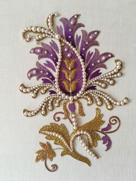 Purple flower. Silk shading, goldwork, pearls. Fits A4. Embroidery by Larissa Borodich Jacobean Embroidery, Gold Work Embroidery, Pearl Embroidery, Tambour Embroidery, Beadwork Embroidery, Motifs Perler, Crazy Quilting, Couture Embroidery, Bead Embroidery Patterns