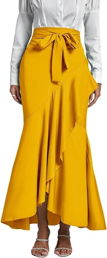 Amazon.com: LYANER Women's Tie Waist Ruffle Wrap Mermaid Fishtail Hem High Waist Long Maxi Skirt Yellow Small : Clothing, Shoes & Jewelry Maxi Skirt Style, Full Maxi Skirt, Dinner Dress Classy, Long Maxi Skirt, Knot Tie, Long Denim Skirt, Maxi Skirt Boho, Fit And Flare Skirt, Wrap Maxi Skirt