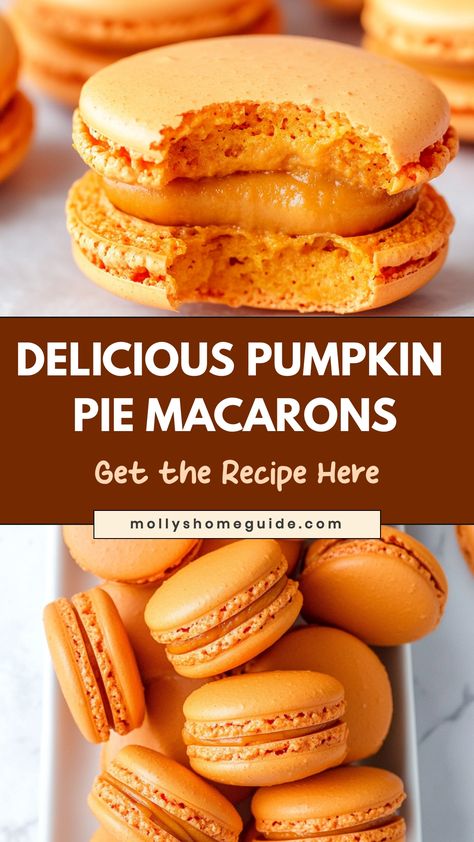 Indulge in the delicious flavors of fall with these irresistible pumpkin pie macarons. These delicate treats are the perfect combination of a classic French macaron and a warm slice of pumpkin pie. With hints of cinnamon, nutmeg, and clove in every bite, they will transport you to cozy autumn days spent by the fireplace. Treat yourself to these exquisite delights for a seasonal dessert or share them at your next gathering for a guaranteed crowd-pleaser. Pumpkin Pie Macarons Recipe, Pumpkin Pie Macarons, Thanksgiving Day Desserts, Pumpkin Spice Macarons, Pumpkin Macarons, Pie Macarons, Pumpkin Pie Bites, Make Macarons, Powdered Food Coloring