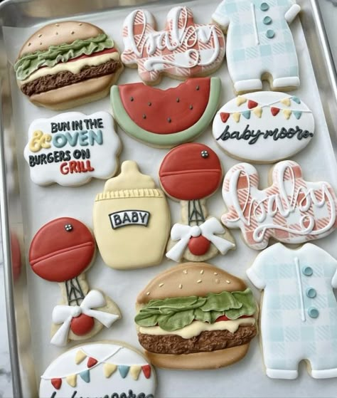 Baby Q Cookies, Bbq 1st Birthday, Bbq Cookies, Baby Shower Barbeque, Babyque Shower, Babyq Shower, Burger Cookies, Oven Burgers, Baby Bbq