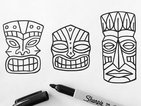 Tiki Masks Tiki Faces Drawing Easy, Faces Drawing Easy, Tiki Face Tattoo, Face Tattoo Simple, Tiki Drawing, Survivor Theme, Simple Face Drawing, Tiki Masks, Faces Drawing