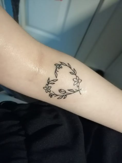 Forearm Heart Tattoo Women, Flowers Heart Tattoo, Heart With Leaves Tattoo, Heart Leaves Tattoo, Small Floral Heart Tattoo, Flower And Heart Tattoos, Heart Tattoo Forearm, Heart Floral Tattoo, Small Heart Tattoo With Flowers