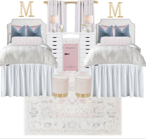 dorm room. pink and blue dorm room. preppy dorm room. bed skirt. gold curtin rod. dorm ottoman Pink Blue And White Dorm Room, Blue And Pink Dorm Room, Dorm Ottoman, Pink And Blue Dorm Room, Pink And Blue Dorm, Dorm Room Pink, Preppy College Dorm, Blue Dorm Room, Dorm Room Bed