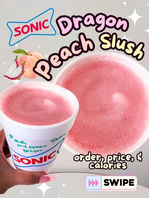 Cool off this summer with Sonic's Dragon Peach Slush! 🍑🐉 This delightful drink features a refreshing peach slush, creamy goodnes Secret Menu Sonic Drinks, Secret Sonic Drinks, Sonic Slush Combinations, Best Sonic Drinks, Sonic Secret Menu Drinks, Peach Slush, Soda Drinks Recipes, Sonic Drinks, Strawberry Limeade