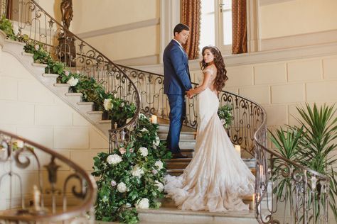 bride and groom Bride And Groom Staircase, Bride And Groom Staircase Photos, Bride And Groom On Stairs, Fairytale Wedding Photoshoot, Staircase Couple Photoshoot, Castle Wedding Photography, Castle Wedding Photos, Staircase Wedding Photos, Oheka Castle Wedding